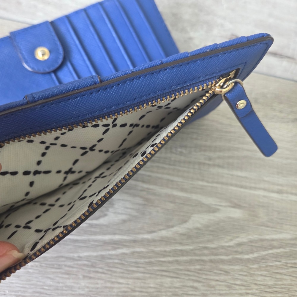 Kate Spade Wallet Bifold Slim Womens Blue Saffiano Leather Gold Logo Zip Pocket - Picture 7 of 11